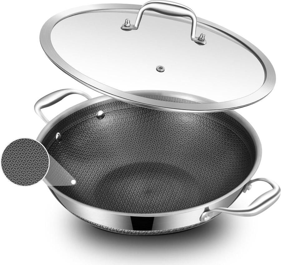 Roestvrijstalen Wokpan Roerbakpan Kookpan Gelijkmatig Koken Tri-Ply Clad Constructie 30 cm Zilver