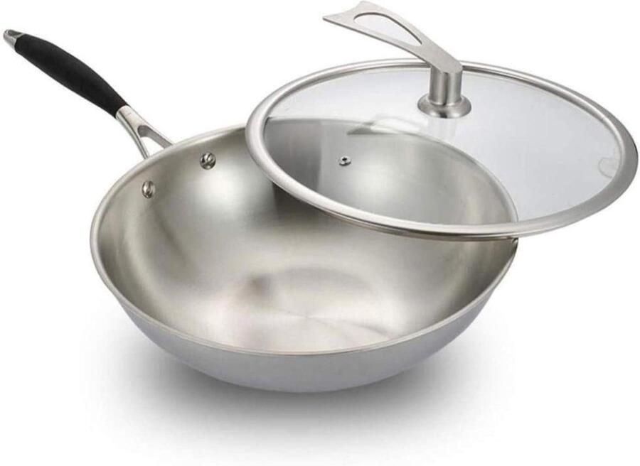 Roestvrijstalen Wokpan Roerbakpan met deksel Veelzijdig Koken Universeel Geschikt N.v.t. Zilver