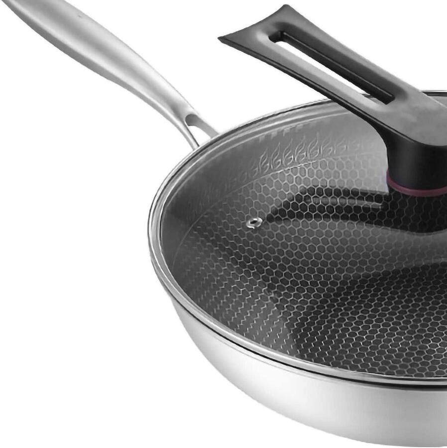 Roestvrijstalen Wokpan Wok met Deksel Thuis Koken Dubbelzijdig Honingraatontwerp 34 cm Zilver