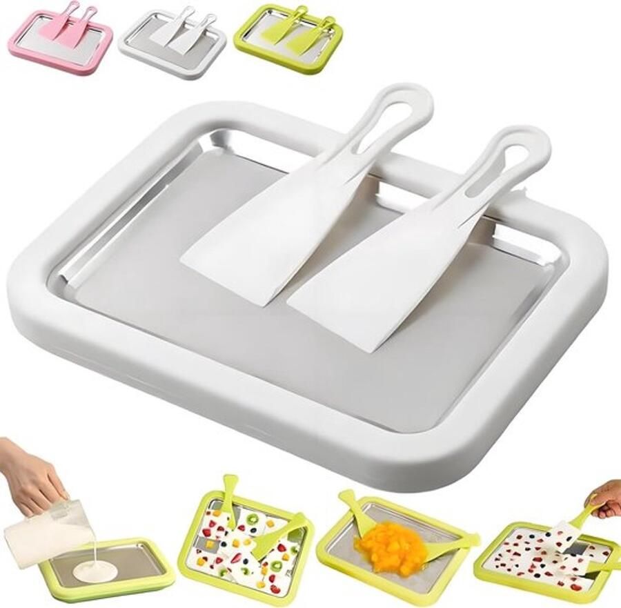 Roll ijsmachineset Home roll ijsmachine met roestvrijstalen vriesplaat DIY bevroren dessertmaker inclusief 2 schrapers en yoghurtschaal wit geschikt voor zelfgemaakte sorbet bevroren yoghurt voor kinderen en volwassenen