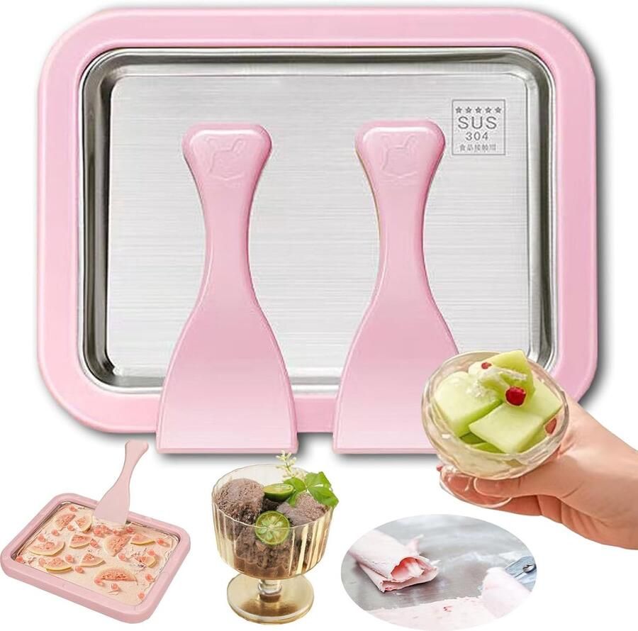 Rolled Ice Cream Maker Zelf IJs Maken Incl. 2 Spatels Zonder Stroom Teppanyaki IJsmaker IJsmachine IJsrolplaat Roze