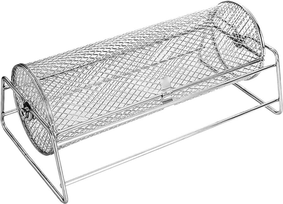 Rollende Grillmand Barbecue Cilinder Gelijkmatig Grillen Roestvrijstalen Mesh 358 x 196 x 146 cm Zilver