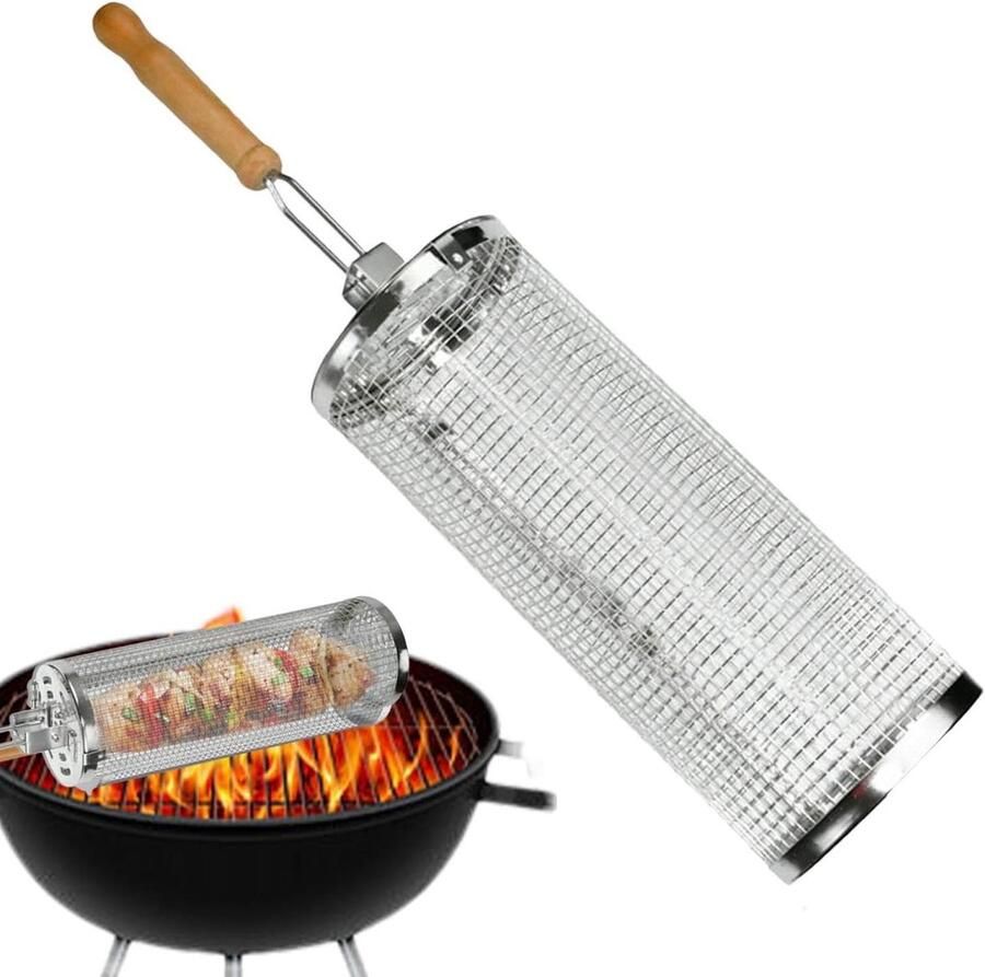Rollende Grillmand BBQ Grillnet Cilinder BBQ Gerechten Bereiden Roestvrij Staal 26 cm Zilver