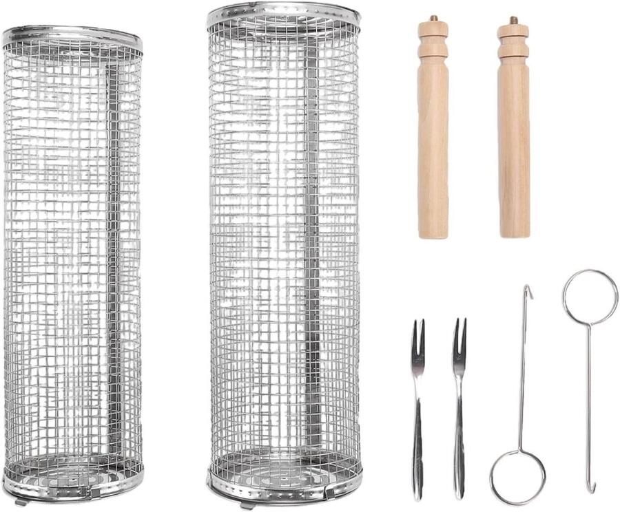 Rollende Grillmand BBQ Net Buiten Koken Roestvrij Staal 30x9cm Zilverkleurig
