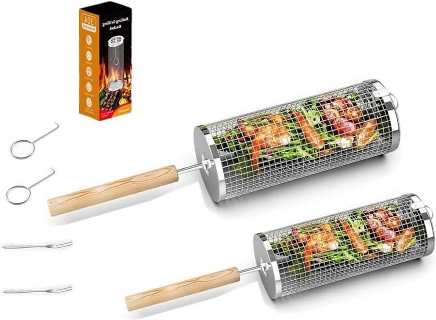 Rollende Grillmand Grill Cilinder Buiten Koken 360 Graden Rotatie 2 stuks Zilver