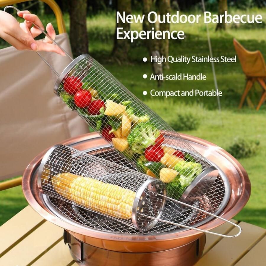 Rollende grillmand Grillcilinder Buiten grillen 360 graden draaibaar 35 x 11 inch Zilver