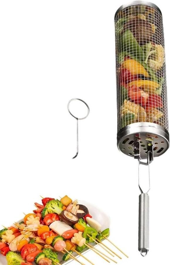 Rollende Grillmand Groentemand BBQ Gelijkmatig Grillen Kantelvrij Draaien 34.7 cm Zilver