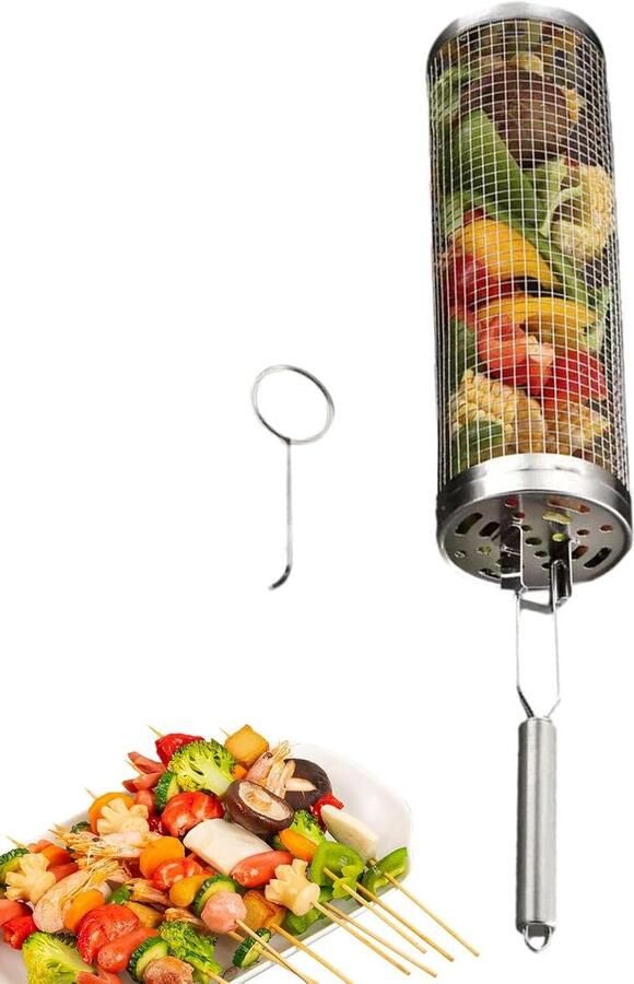 Rollende Grillmand Groentemand BBQ Gelijkmatig Grillen Kantelvrij Draaien 34.7 cm Zilver