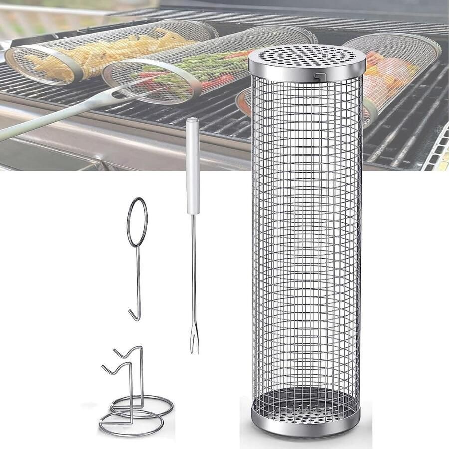 Rollende Grillmanden BBQ Manden Groenten Grillen Innovatief Rolontwerp 30 cm Zilver