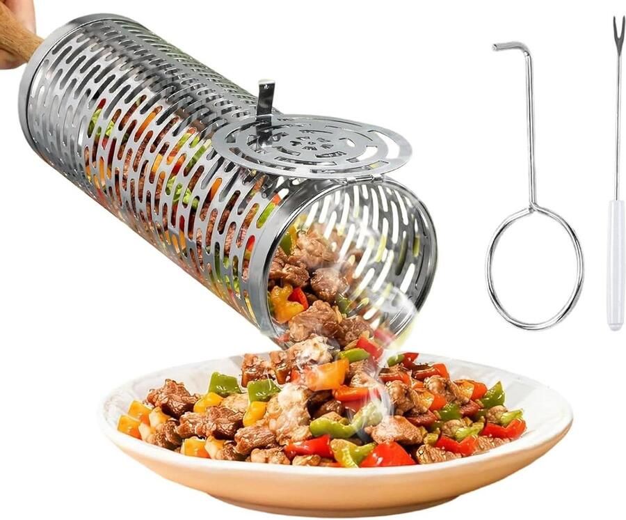 Rolmand Roestvrij Staal Grillmand Draaibaar Gelijkmatig Koken Afneembaar Handvat 23 cm Lengte Zilver