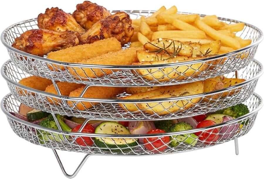 Rond rooster Airfryer accessoires Gelijkmatig koken 3 niveaus stapelbaar 20 x 20 x 9 cm Zilver