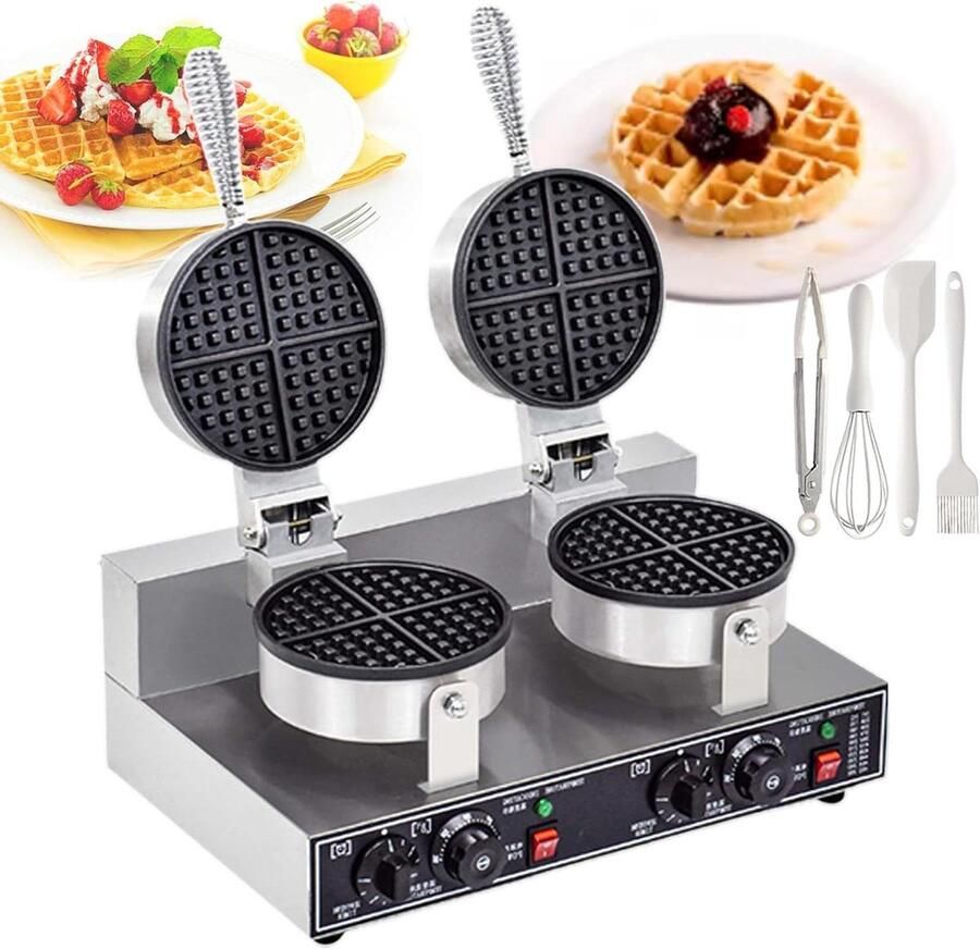 Rond Wafelijzer Dubbelzijdig Apparaat Wafels Bakken Digitale Thermostaat Timer 18 Cm Diameter Zilverkleurig