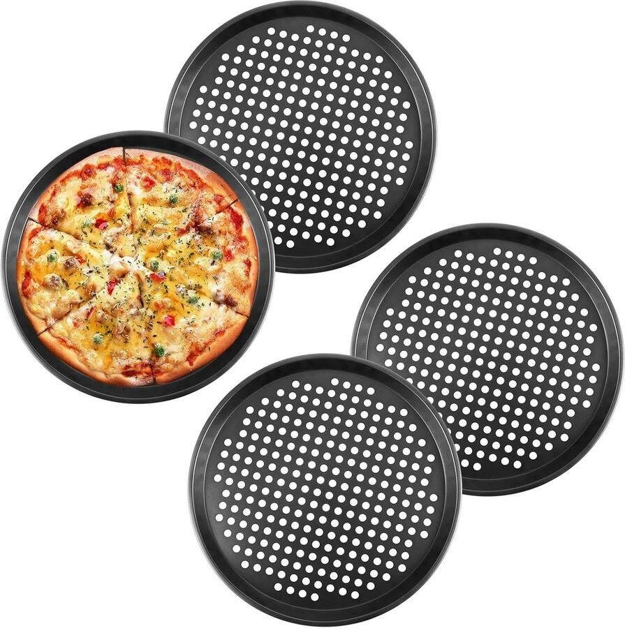 Ronde 32 cm Pizza Plate met Antiaanbaklaag en Perforaties Ideaal voor Thuis Koks en Pizza Liefhebbers Set van 4 Stuks