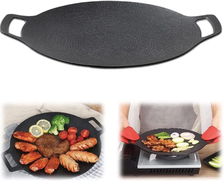 Ronde Bakplaat Grillpan Gietijzer BBQ Koken Binnen Antiaanbaklaag Uniform 30-34cm Diameter Zwart