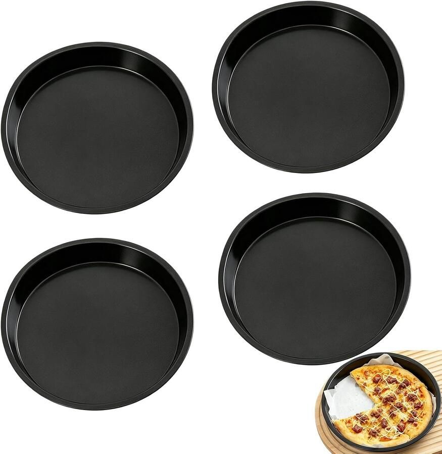 Ronde Bakplaten voor Pizza 4 Stuks 20 cm Antiaanbaklaag Duurzaam Carbonstaal Ideaal voor Taart en Flammkuchen