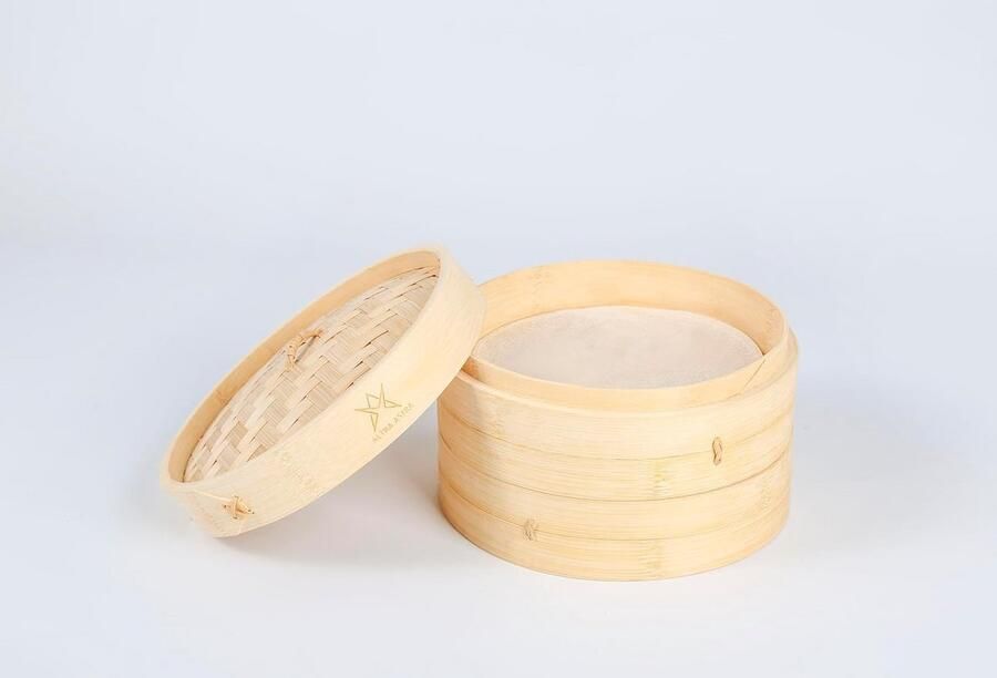 Ronde Bamboe Stoommand met 2 Lagen 21 cm Ideaal voor Dim Sum Groenten en Vis