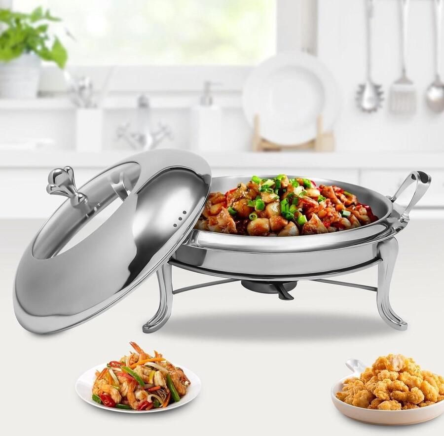 Ronde Buffetverwarmer Chafing Dish Serveerpan Buffetten Warm Houden Verdikt Roestvrij Staal 2.5 Liter Zilver