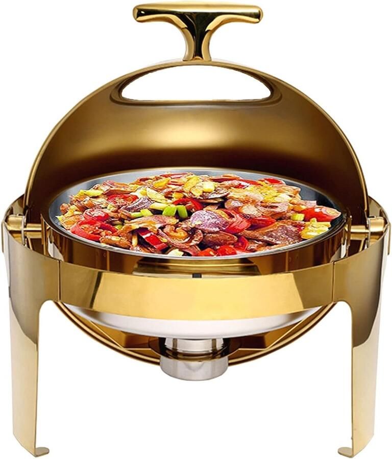Ronde Buffetwarmer Elektrische Warmhoudschalen Feestelijke Bijeenkomsten Volledig Zichtbaar Deksel 6L Volume 52x47x47cm Goudkleurig