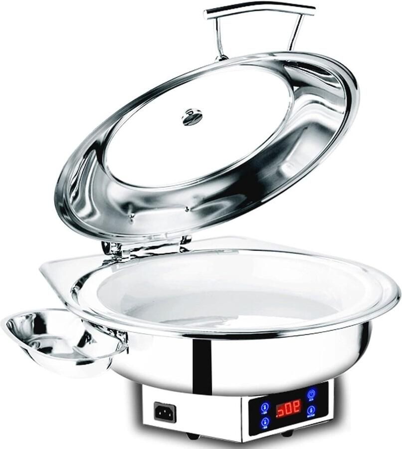 Ronde Buffetwarmer Warmhoudschaal Buffetten Warm Houden Digitale Temperatuur 6 Liter Zilver