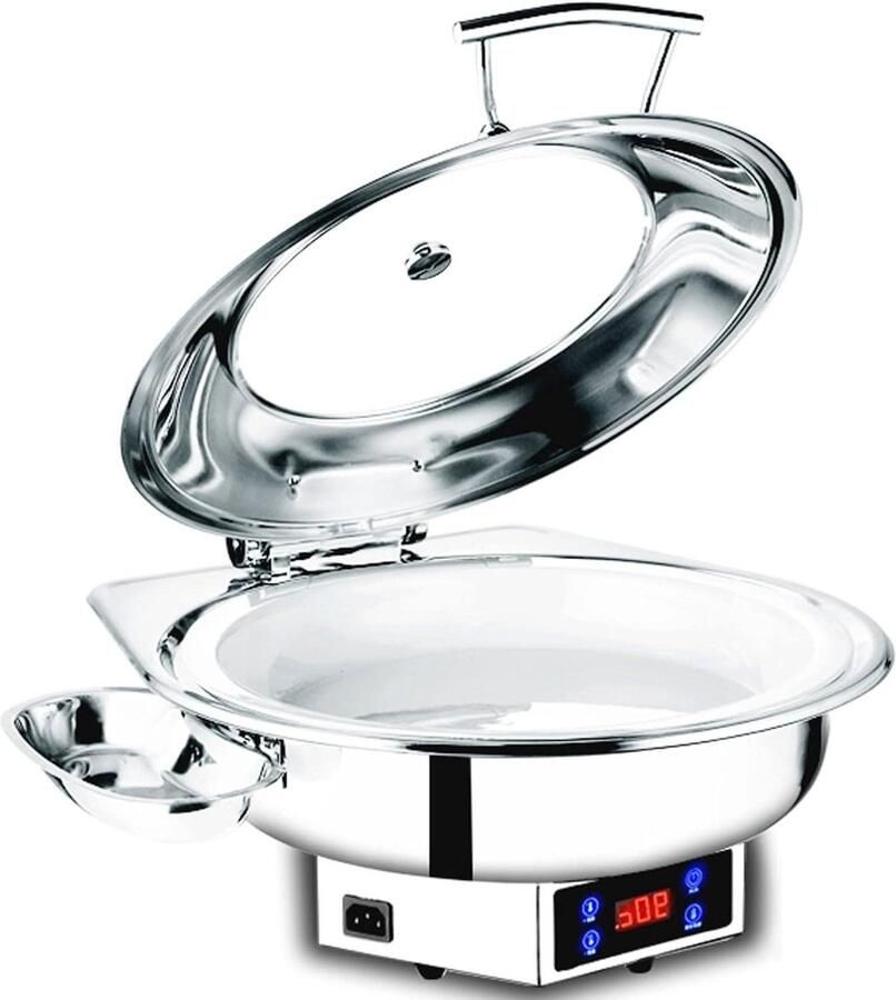 Ronde Buffetwarmer Warmhoudschaal Voedselwarmer Buffetten Serveren Digitale Temperatuurweergave 6 Liter Zilver