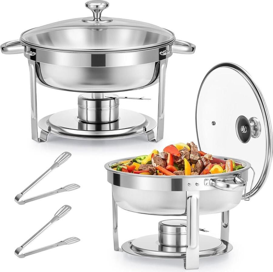 Ronde Chafing Dish Voedselwarmer Bain Marie Buffetten Warm Houden Glazen Deksel 55 Liter Zilver