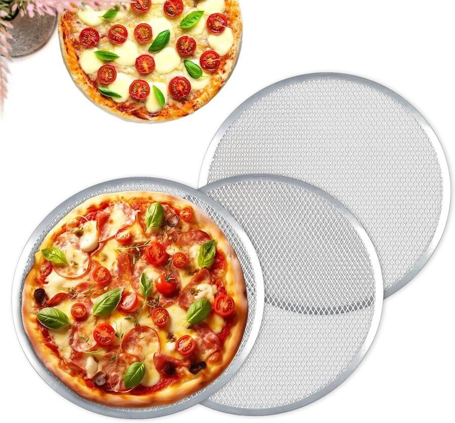 Ronde en Perforated Pizza Platen 33cm Set van 3 Aluminium Antiaanbak Pannen voor Oven Ideaal voor Pizza en Flammkuchen