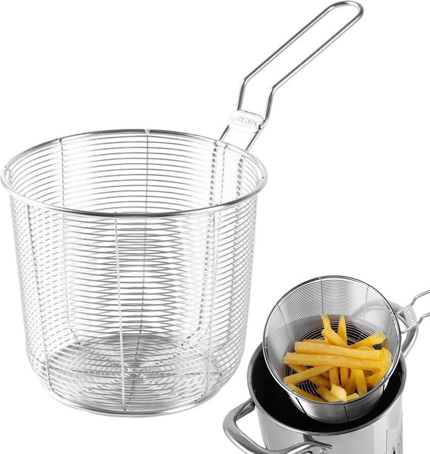 Ronde Frituurmand Frietmand Keukenmand Frituren Koken Serveren Roestvrij Staal Anti-verbranding 20x20x20 CM Zilverkleurig