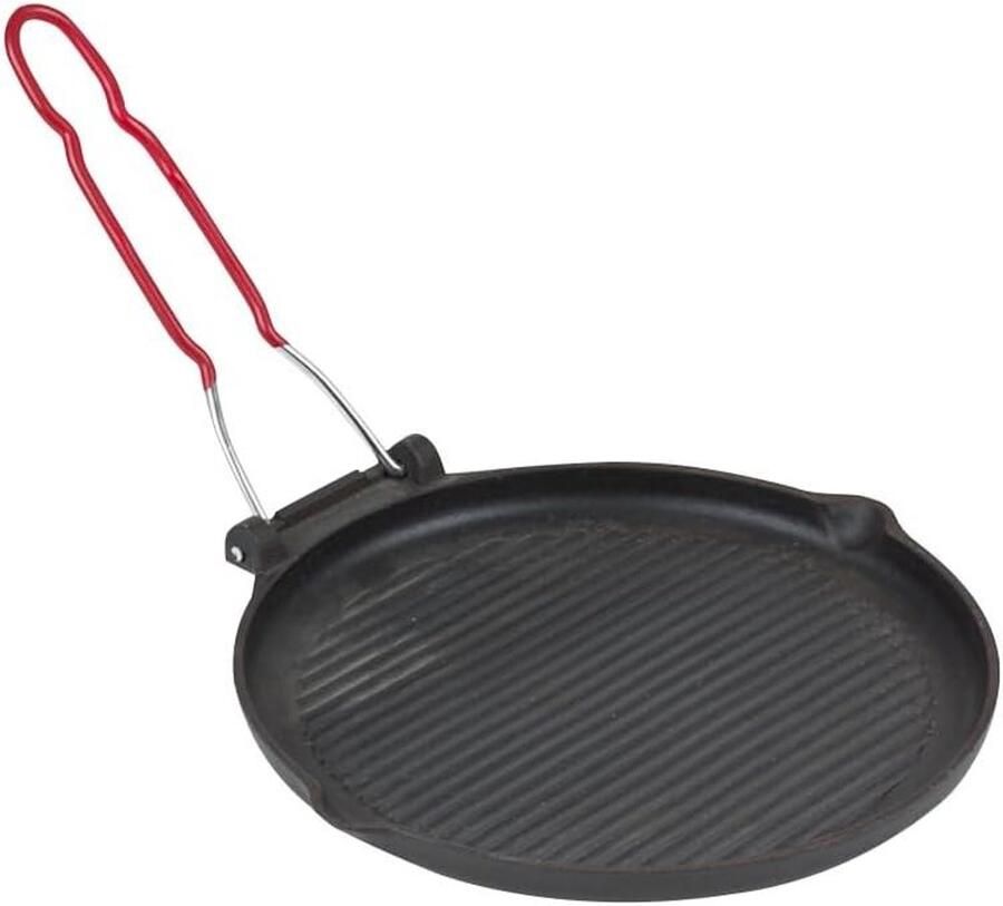Ronde gietijzeren grillpan grillplaat koekenpan vlees vis groenten grillen inklapbare handgreep 23 cm zwart