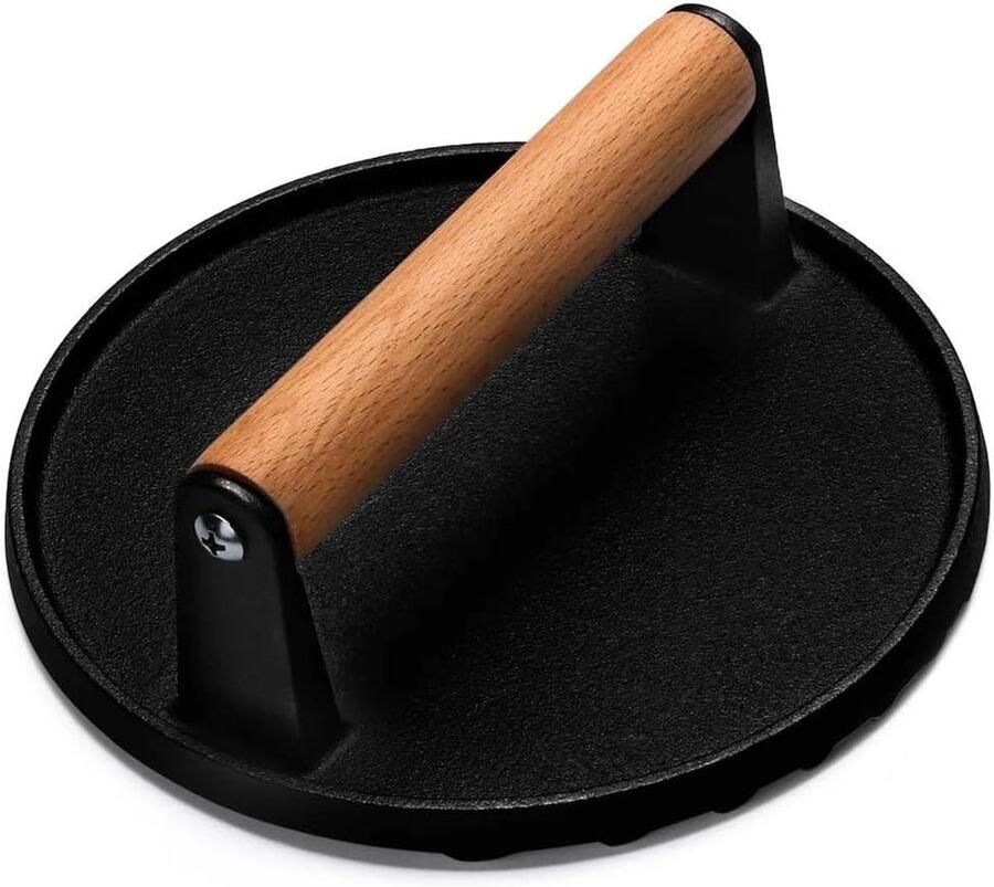 Ronde Gietijzeren Pers Burgerpers Bacon Vlees Grillen Houten Handvat 18 cm Doorsnede Zwart