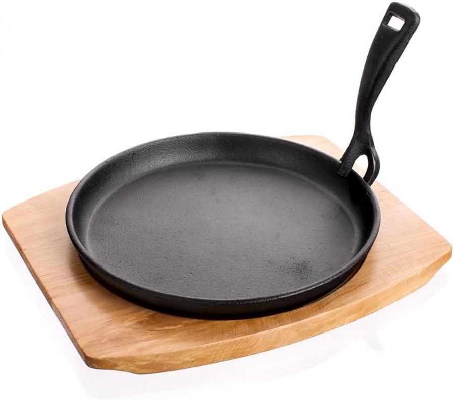 Ronde Gietijzeren Sizzler Pan met Houten Serveerplank en Afneembaar Handvat