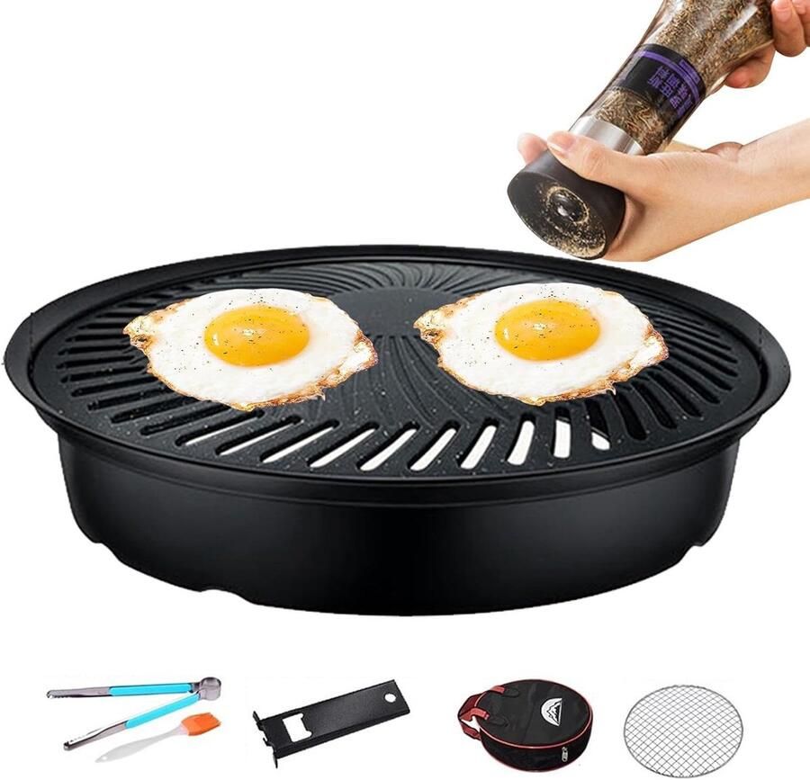 Binnen Grillpan Ronde Bakplaat Buiten Koken Anti-aanbaklaag Draagbare Tas Zwart