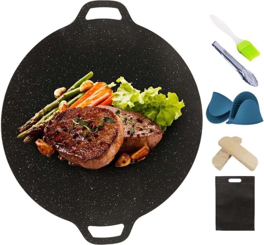 Ronde Grillplaat Korea Grillpan Buiten Koken Antiaanbaklaag 36 cm Zwart