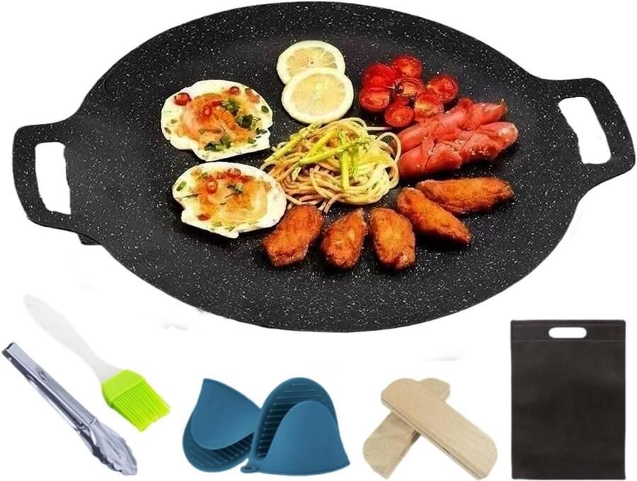 Ronde Grillplaat Koreaanse Grillpan Buiten Koken Antiaanbaklaag 32 cm Zwart