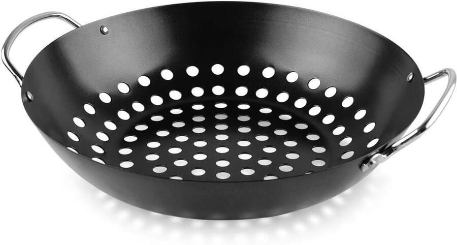 Ronde grillwok BBQ mand Groenten grillen Antiaanbaklaag 5 Quarts Zwart