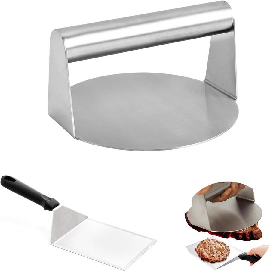 Ronde Hamburgerpers 304 RVS met Grillspatel voor Hamburgers Steaks en Panini's Multifunctioneel Keukengereedschap voor Grill en Pan