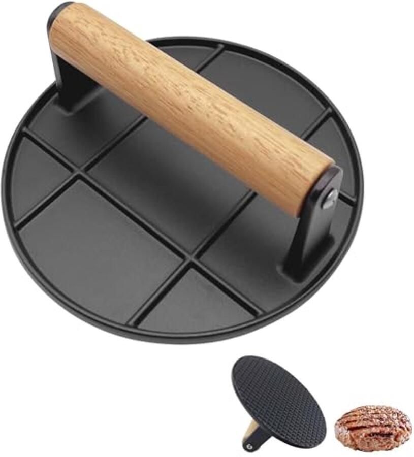 Ronde Hamburgerpers met Hittebestendig Houten Handvat 16cm