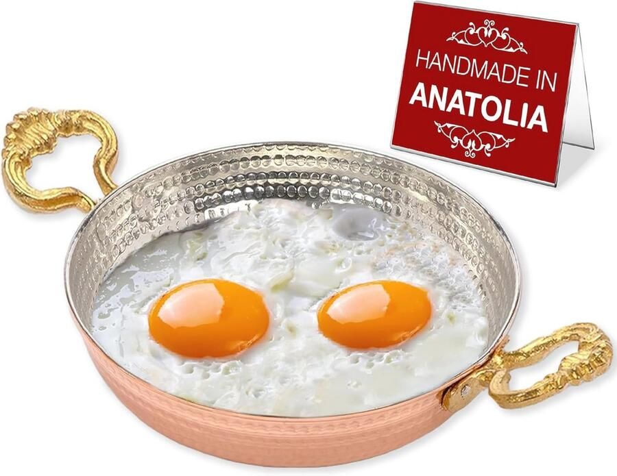 Ronde Handgemaakte Koperen Koekenpan met Messing Handgrepen Traditioneel Ottomaans Kookgerei