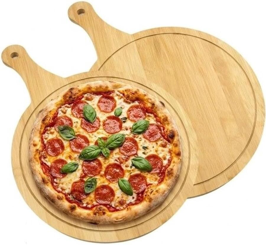 Ronde Houten Pizza Platen Set van 2 30 cm Ideaal voor Snijden en Serveren van Pizza Brood en Kaas met Handvat en Groeven