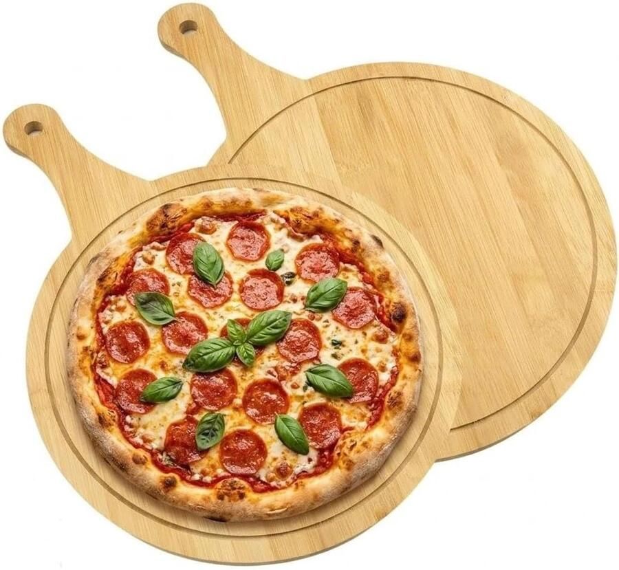 Ronde Houten Pizza Platen Set van 2 30 cm Ideaal voor Snijden en Serveren van Pizza Brood en Kaas met Handvat en Groeven