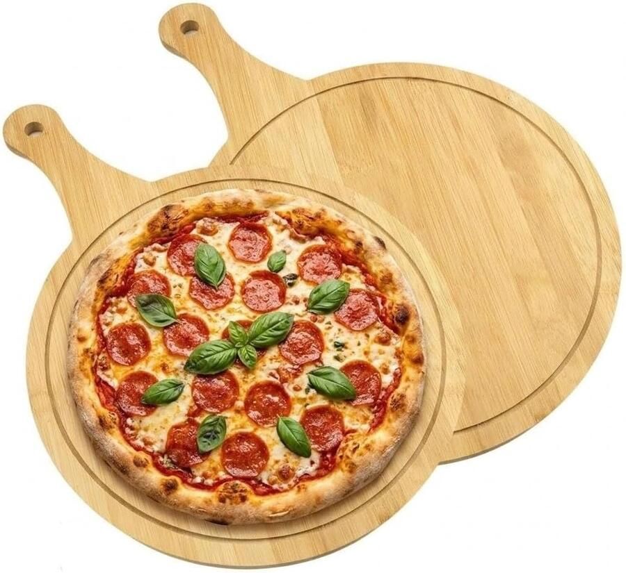 Ronde Houten Pizza Platen Set van 2 30 cm Ideaal voor Snijden en Serveren van Pizza Brood en Kaas met Handvat en Groeven