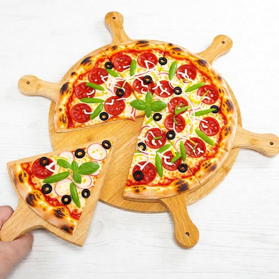 Ronde Houten Serveertafel voor Pizza en Charcuterie 11 inch Inclusief 6 Driehoekige Panelen voor Vlees Kaas en Groenten
