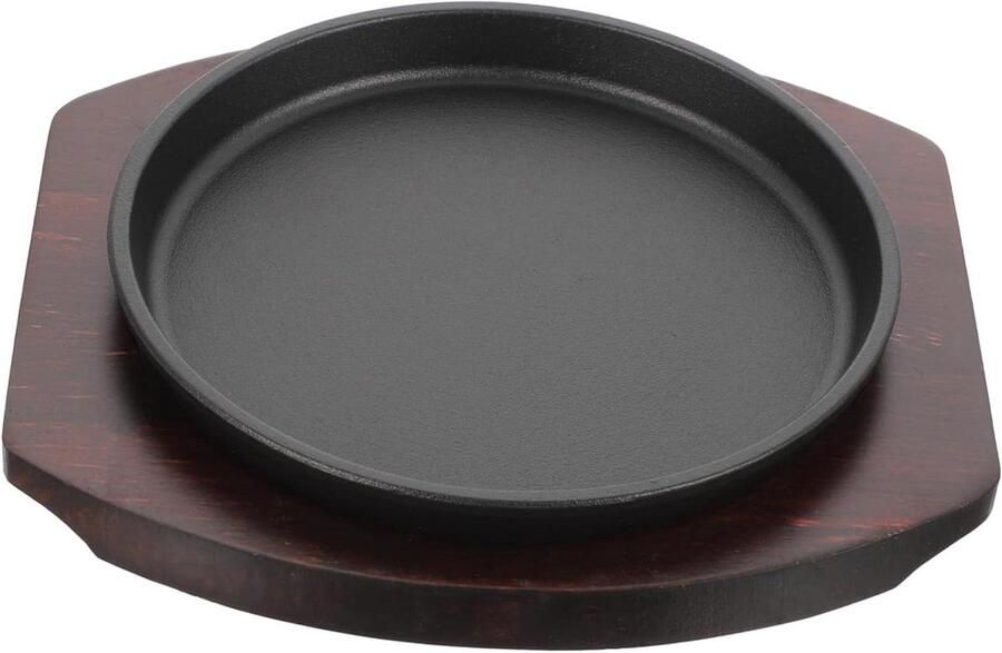 Ronde Ijzeren Pan Steak Serveerschaal Biefstuk Bakken Met Houten Onderzetter 18x18x2CM Zoals Getoond