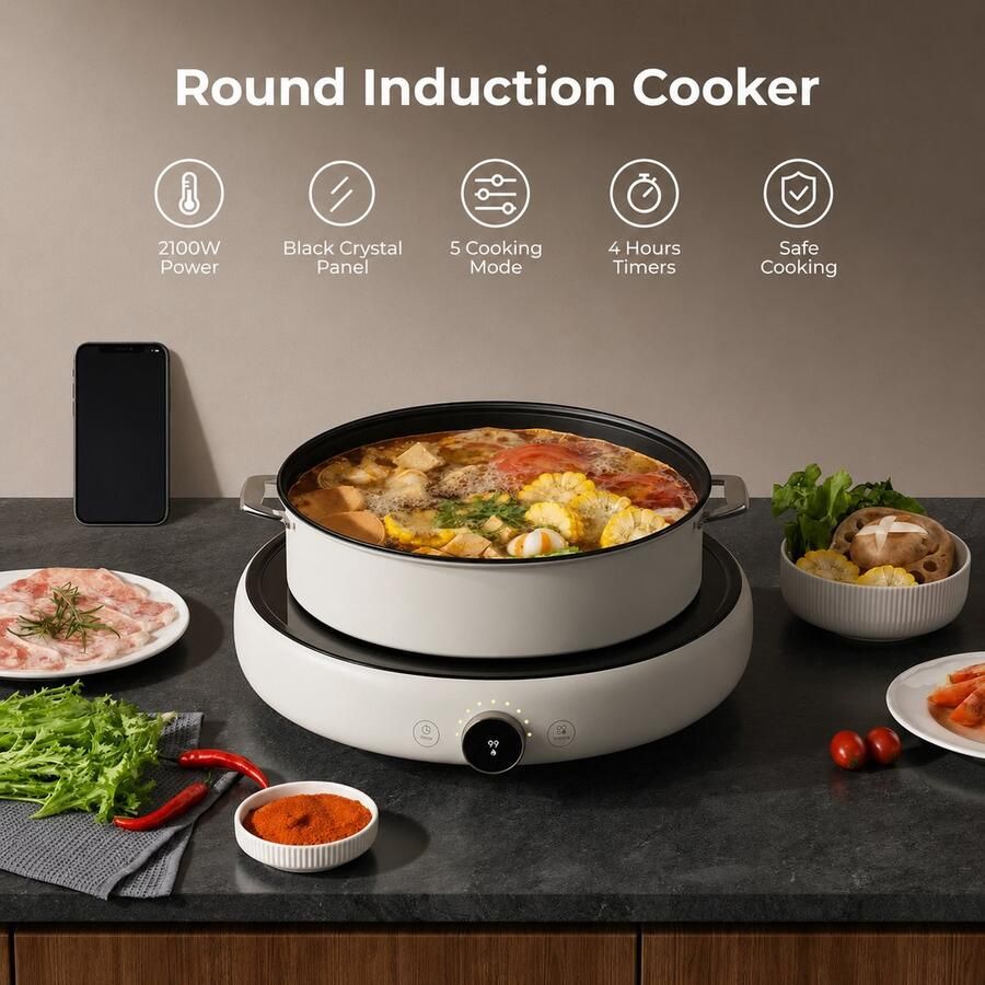 Ronde Inductiekookplaat 2100W – 220-240V – Met WiFi & App-Bediening – Draagbare Elektrische Kookplaat – Zwart