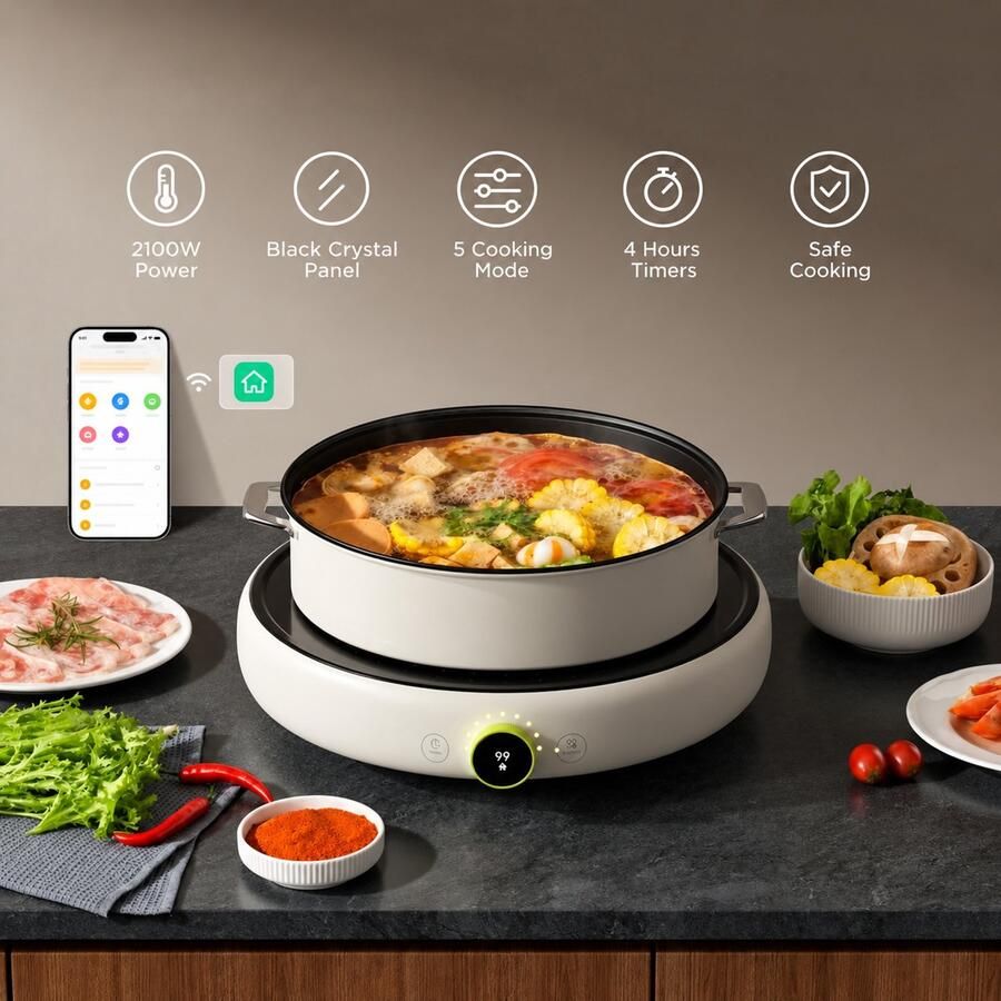 Ronde Inductiekookplaat 2100W – 220-240V – Met WiFi & App-Bediening – Draagbare Elektrische Kookplaat – Zwart