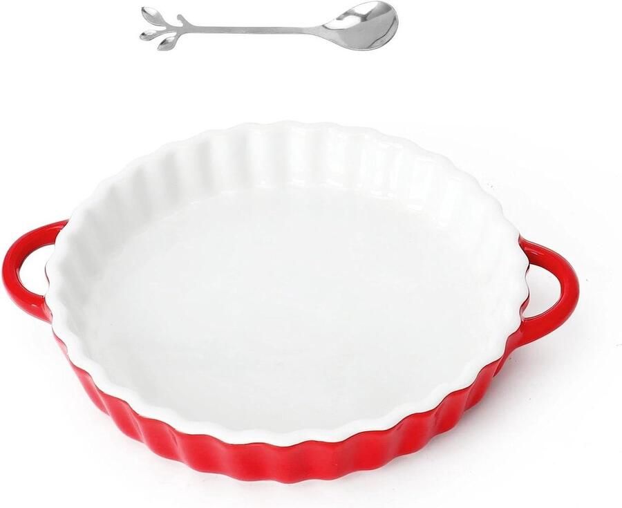 Ronde keramische tartvorm met handvatten voor quiches taarten en pizza's 26 x 21 x 4 cm inclusief kleine lepel