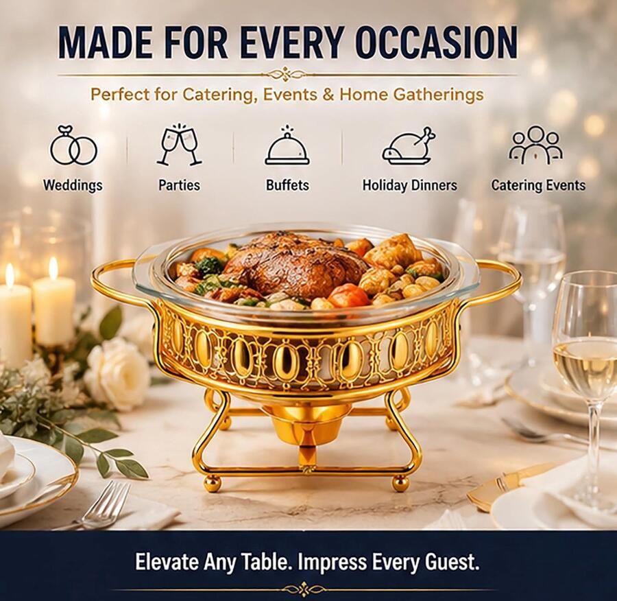 Ronde komfoor Buffetserver voedselwarmer Warm eten serveren Hittebestendig glazen dienblad 2 liter Zilver - Foto 2