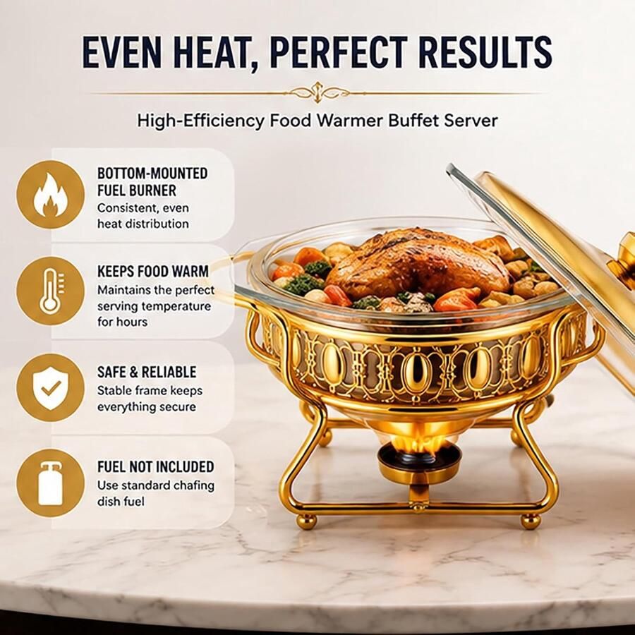 Ronde komfoor Buffetserver voedselwarmer Warm eten serveren Hittebestendig glazen dienblad 2 liter Zilver