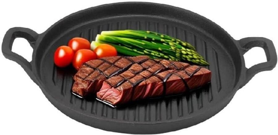 Ronde Omkeerbare Gietijzeren Bakplaat met Antiaanbaklaag en Dubbele Handgreep 24 cm