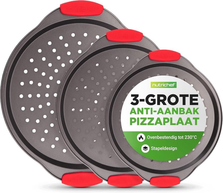 Ronde Pizza Bakpan Set Geperforeerde Nonstick Bakvorm met Silicone Handvatten Geschikt voor Vaatwasser