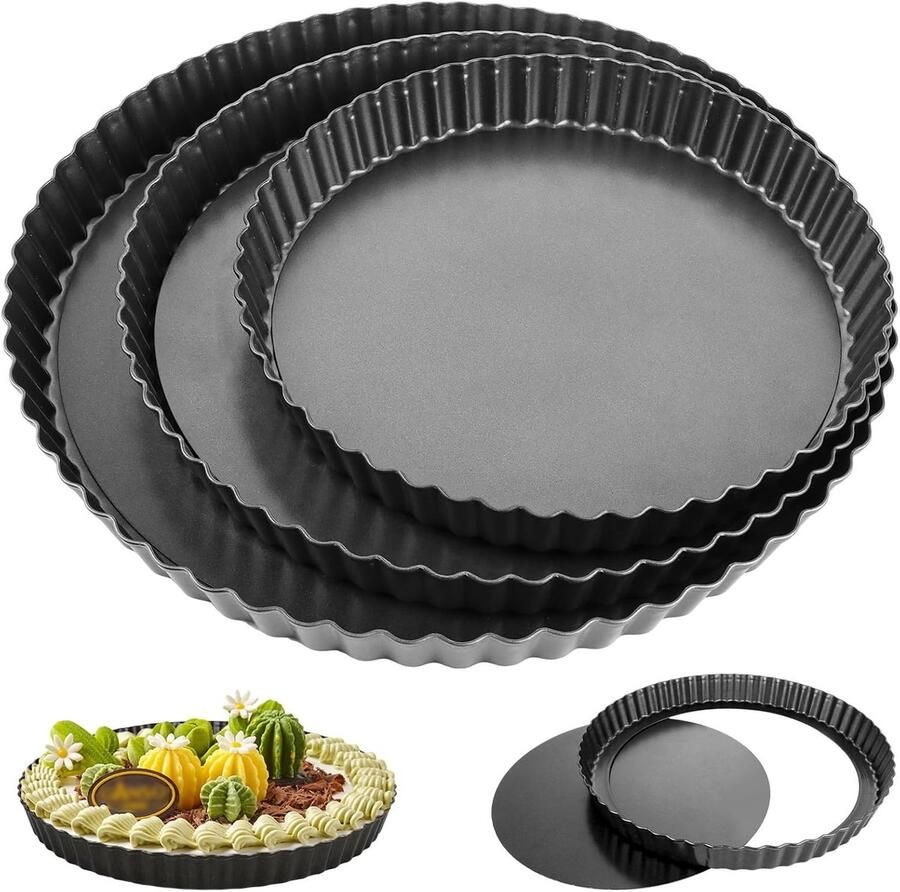 Ronde Pizza Bakplaten Set van 3 Stuks Antikleef Cakevormen voor Pizza Quiche en Taart 8.7 10.2 30cm
